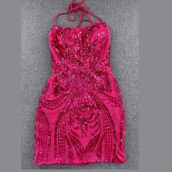 Pink Sequin Mini Dress Tie Open Back Cocktail, Party, Prom Size 2 Small Zipper - Picture 2 of 14